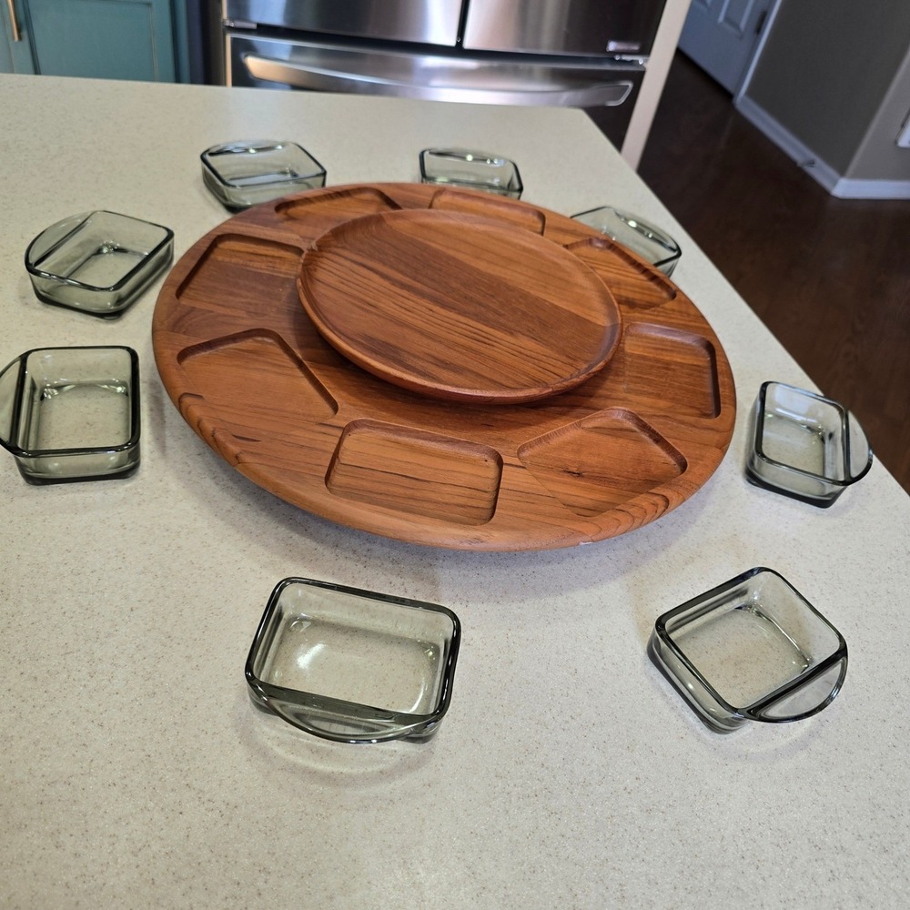 Digsmed Denmark Teak Lazy Susan 8 Smoked Glass Dishes Mid Century Modern - Picture 6 of 13